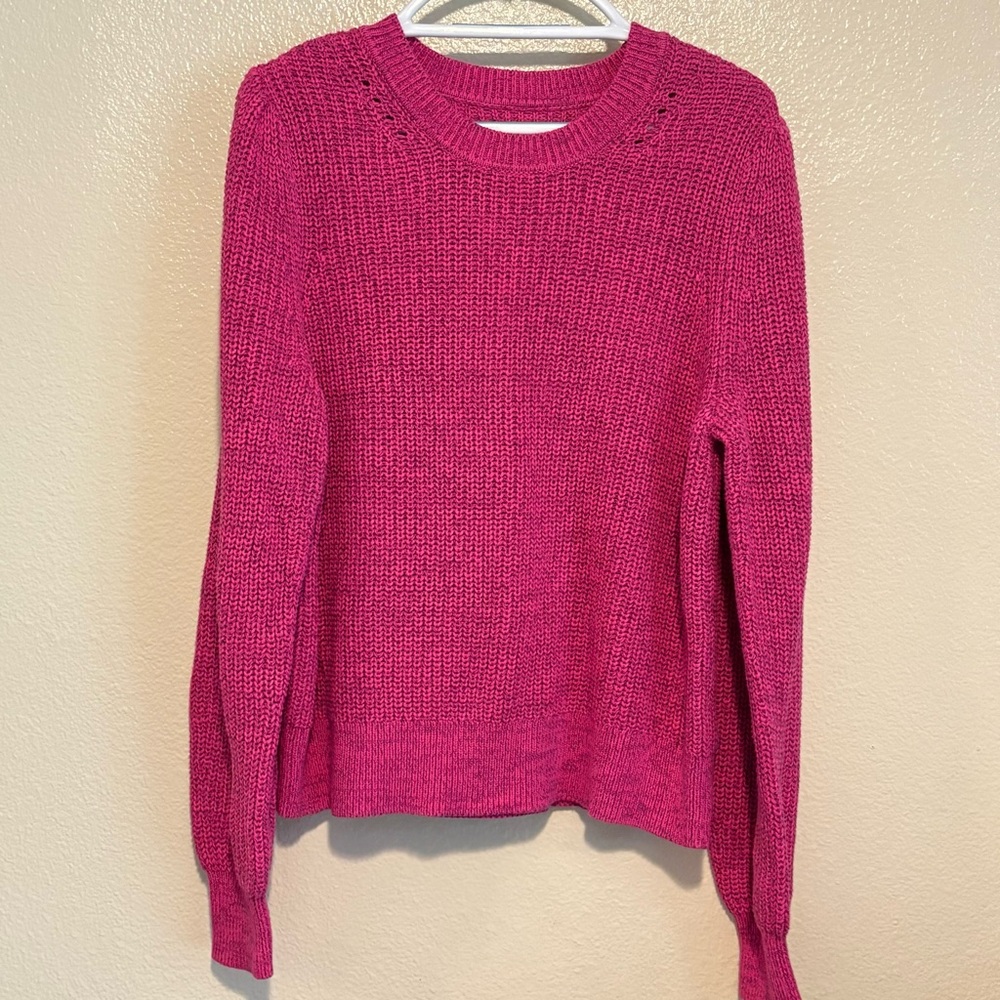 NWT Gap Relaxed Crewneck Sweater Fuchsia Pink Shaker Stitch Balloon Sleeve Large